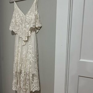 Zimmermann Cream Lace Midi Dress with Floral Embroidery